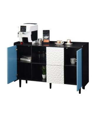 Black Buffet Cabinet with Blue Doors, Unique Paneling