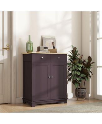 Sideboard with Solid Wood Countertop, Modern Kitchen Storage Cabinet, Coffee Bar Cabinet with 2 Drawers, Doors and Adjustable Shelf, Coffee