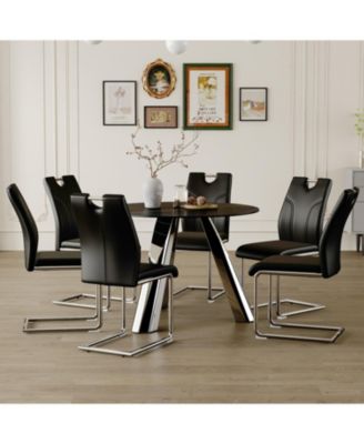 Round Table and Black Dining Chairs Set with Silver Legs