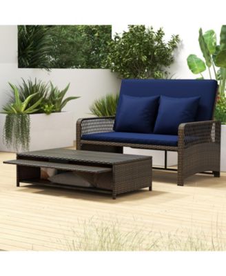 Patio Adjustable Wicker Daybed with 4-Level Backrest and Soft Cushions-Navy
