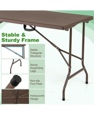 5FT Folding Picnic Table with Rattan Grain HDPE Tabletop and Sturdy Metal Fame