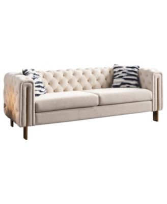  1 Pc  Velvet  Tufted, Chesterfield Style, Gold Metal Legs, Removable Cushions, Includes Pillows  84.25"W Living Room Sofa