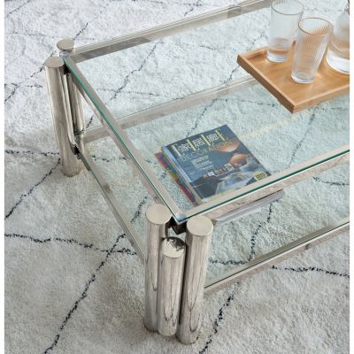 50" Stainless Steel Tempered Glass and Storage Coffee Table