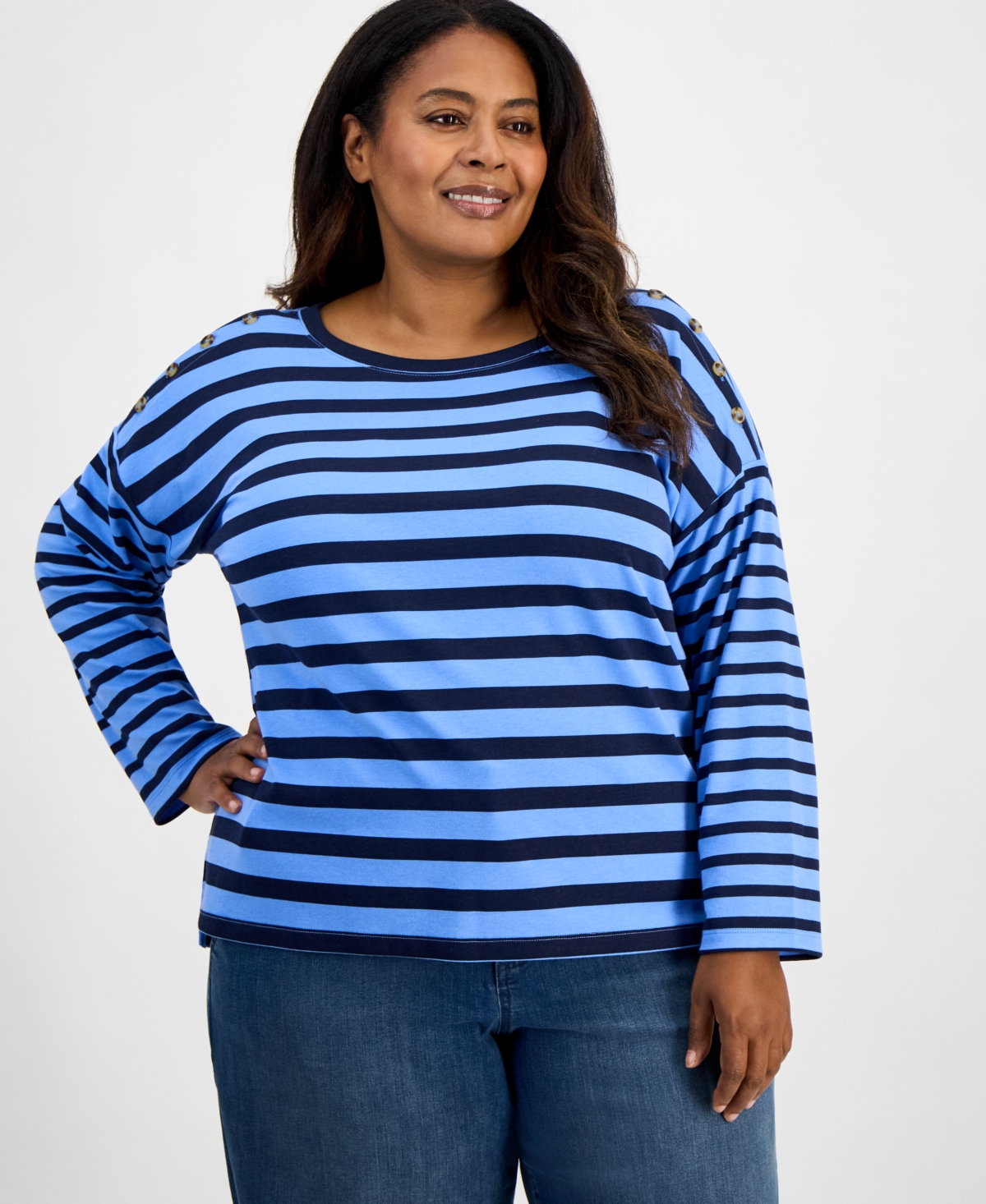 Style & Co Plus Size Button-trim Striped Knit Top, Macy's Exclusive