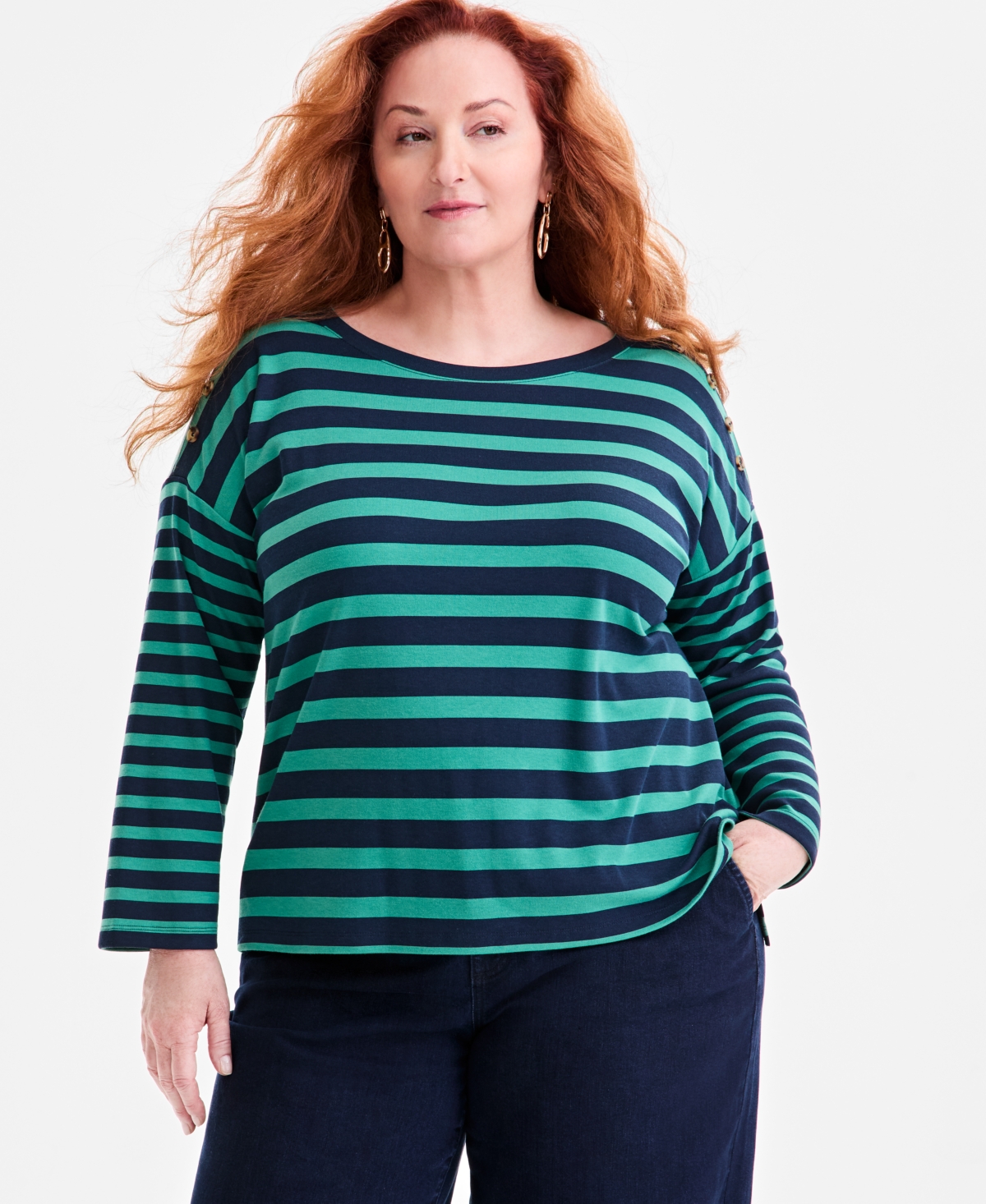 Style & Co Plus Size Button-trim Striped Knit Top, Macy's Exclusive
