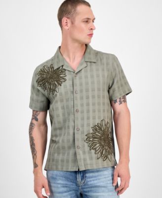 GUESS - Men's Conrad Regular-Fit Embroidered Mesh Check Button-Down Shirt
