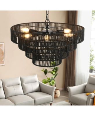 4-Tier Black Hemp Rope Chandelier with 6 Sockets, UL Listed Hardwired Pendant Light