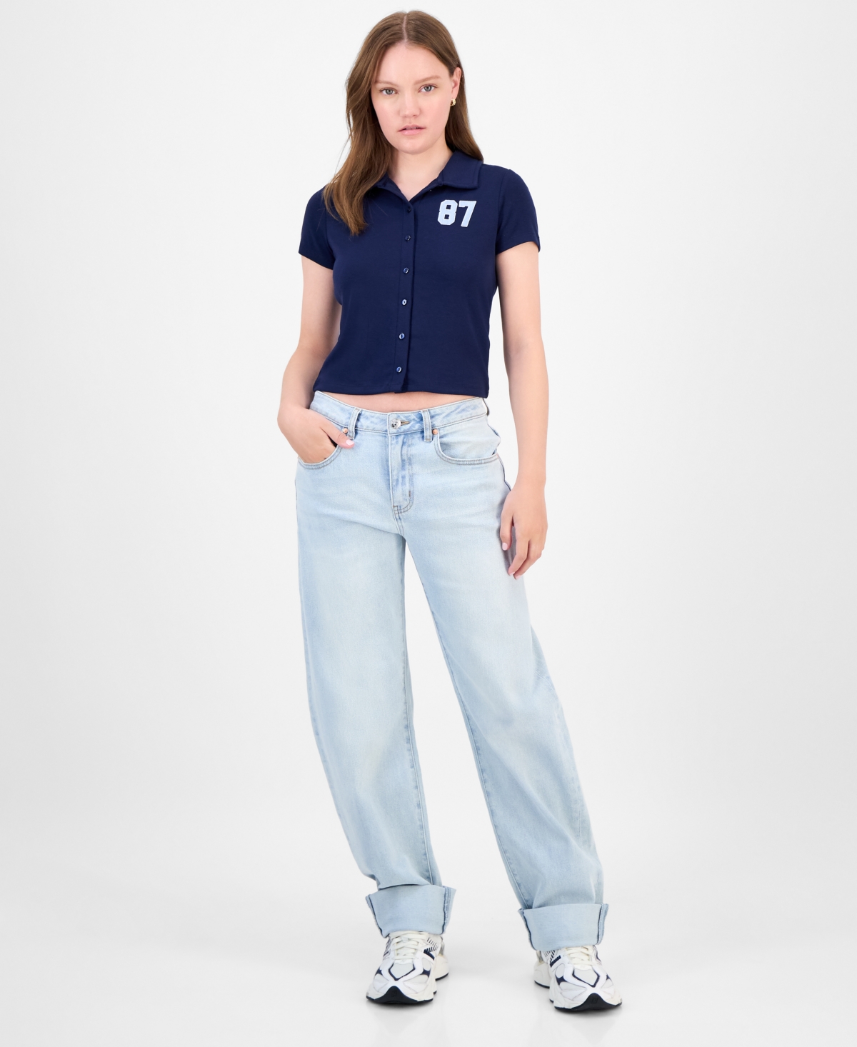 Juniors' Roll-Cuff Barrel-Leg Jeans - Medium Tint Wash