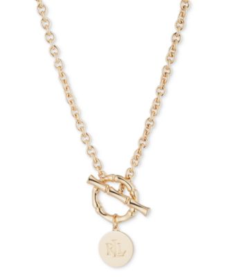 Lauren Ralph Lauren - Gold-Tone Logo Disc Bamboo-Inspired Toggle 16" Pendant Necklace