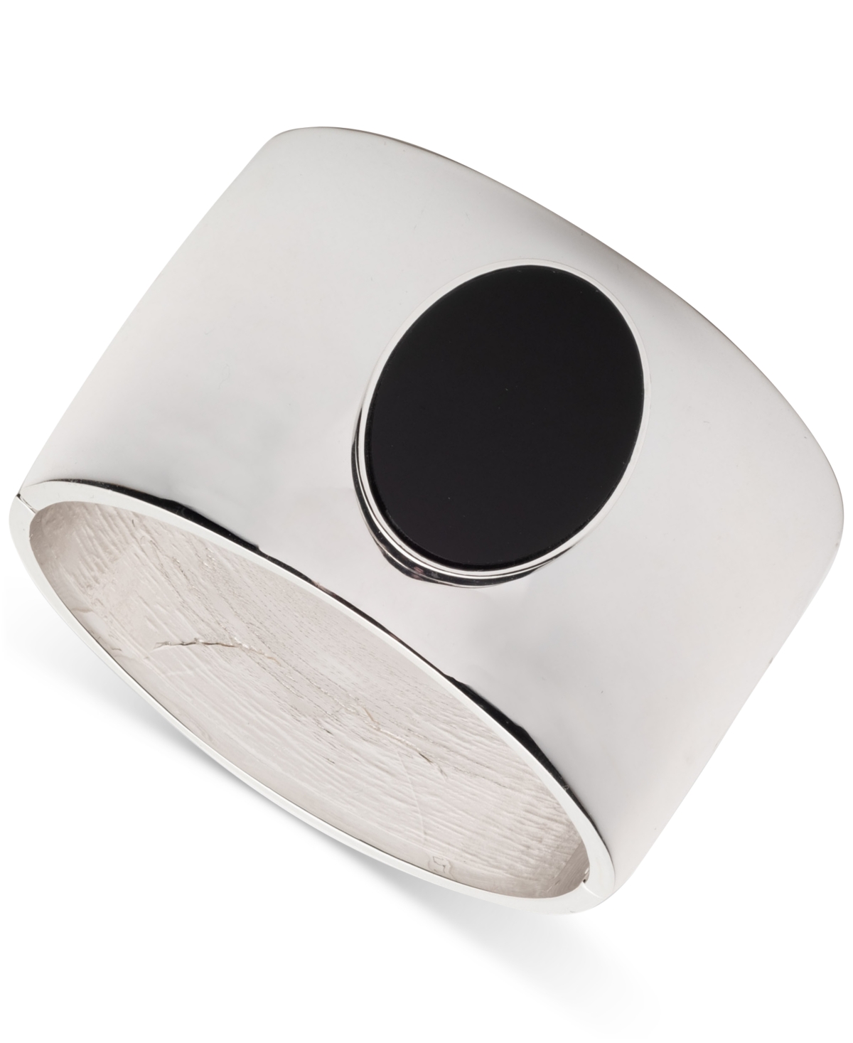 Silver-Tone Black Stone Polished Wide Bangle Bracelet - Black
