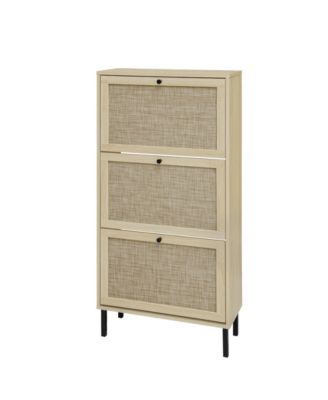 Rattan 3 Door Shoe Rack, Freestanding Modern Shoe Storage Cabinet, for Entryway