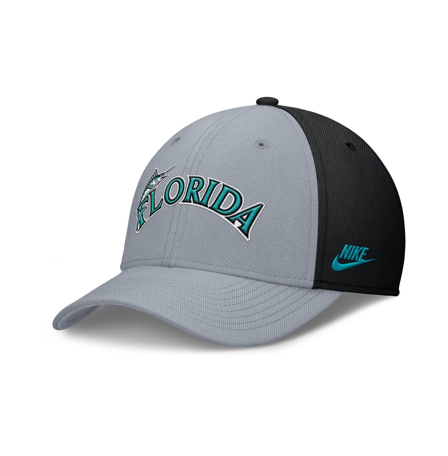 Мужская кепка Nike Gray/Black Florida Marlins Rise Swoosh Performance Flex Hat — фото 1