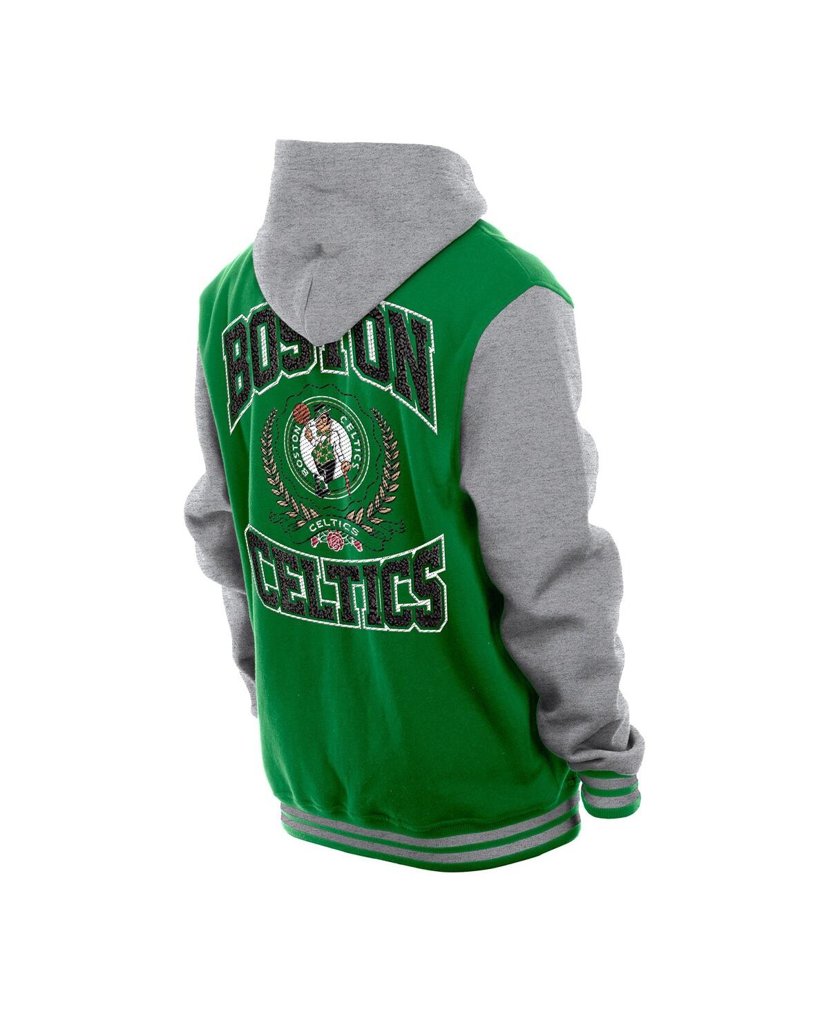 NEW ERA MEN'S KELLY GREEN BOSTON CELTICS THROWBACK PREP CHENILLE FULL-SNAP HOODED VARSITY JACKET 