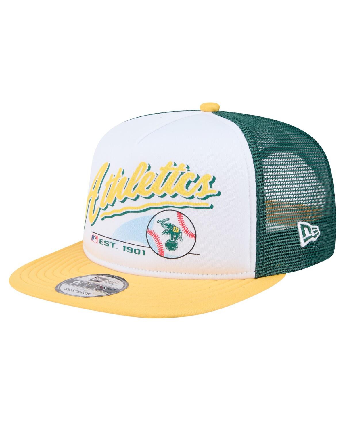 NEW ERA MEN'S WHITE/GOLD ATHLETICS RETRO SCRIPT TRUCKER 9FIFTY SNAPBACK HAT 