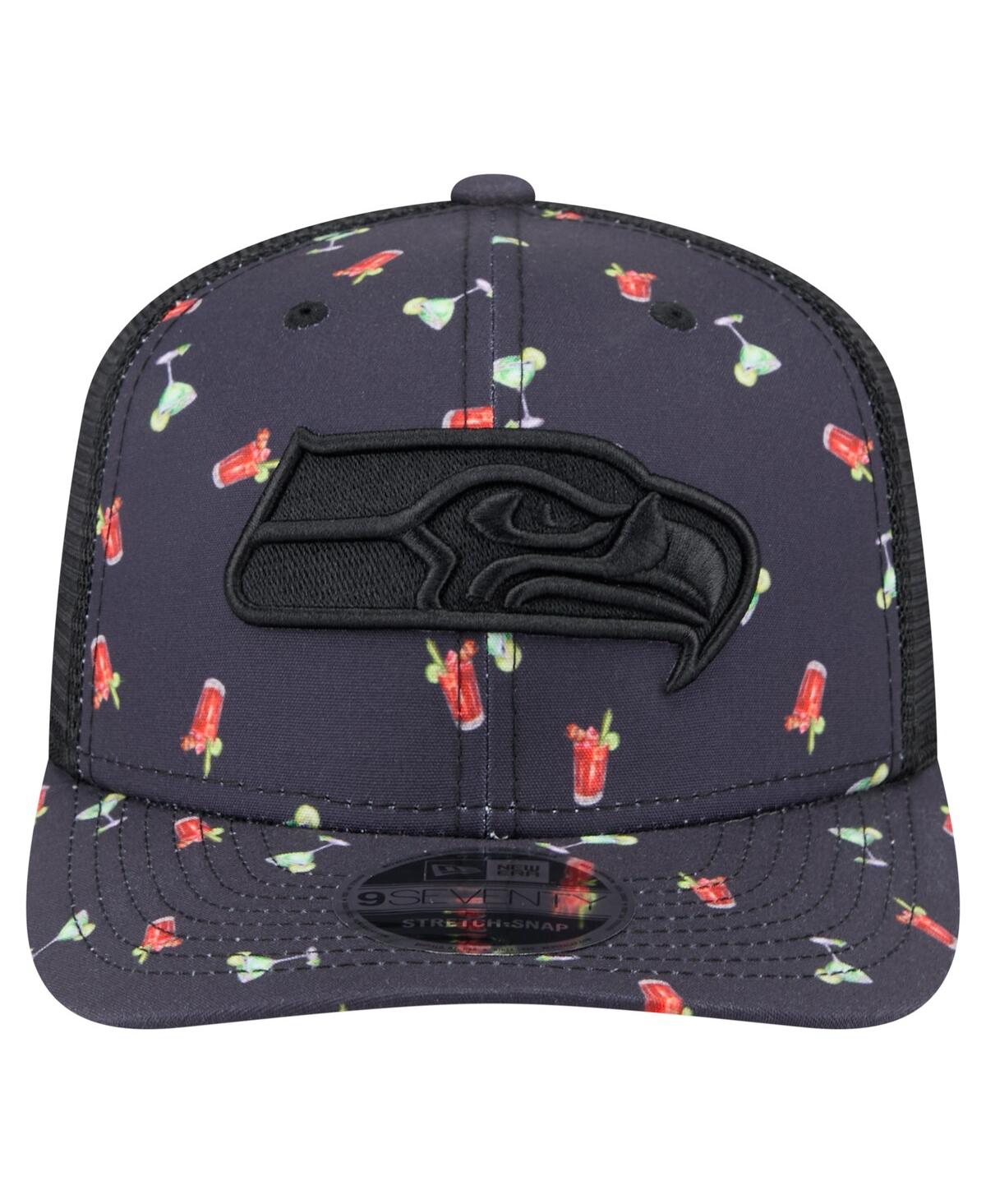 NEW ERA MEN'S NAVY/BLACK SEATTLE SEAHAWKS ADVENTURE DRINKS PATTERN 9SEVENTY STRETCH SNAP HAT 