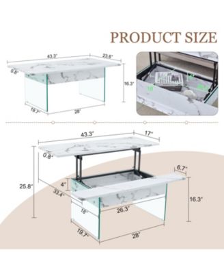 Multifunctional Lift Top Coffee Table with Modern Marble Pattern and Tempered Glass Legs