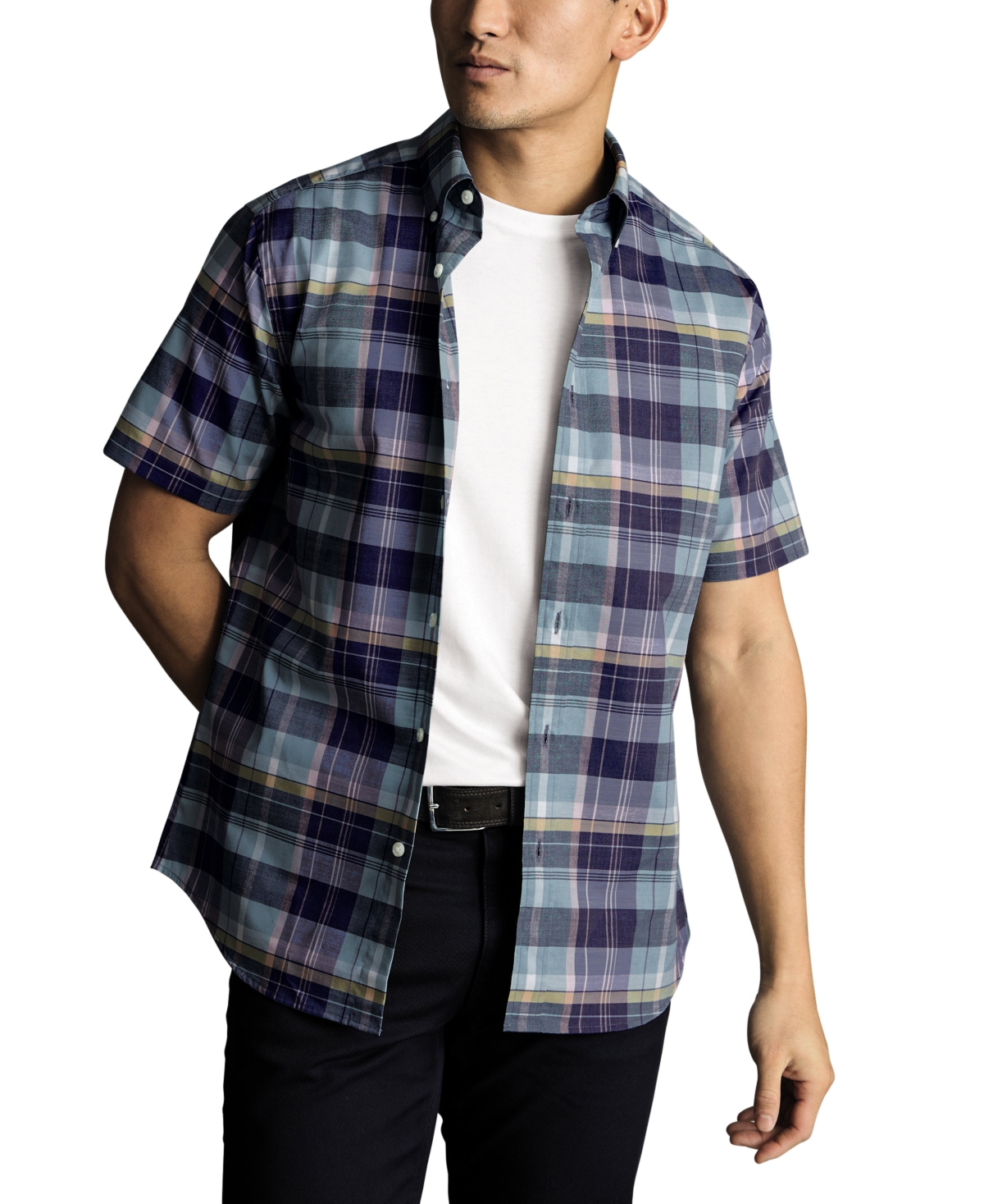 Men's Slim Fit Short Sleeve Wrinkle-Resistant Plaid Button-Down Shirt - Spearmint Green