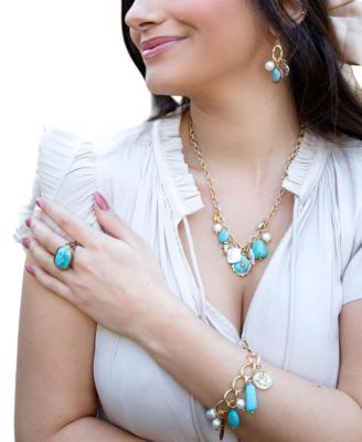 Blue Turquoise and White Cultivated Pearl Multi Charm Necklace