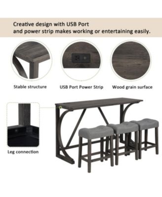 4-Piece Bar Table Set with Power Outlet and Padded Stools