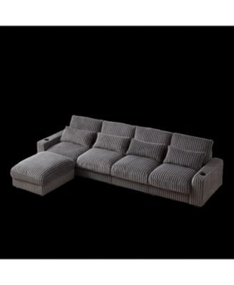 Streamdale 126" Corduroy L-Shaped Sofa w/ Cup Holder, USB, Pillows & Ottoman