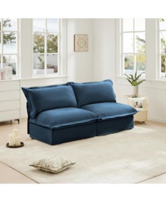 Slipcovered 2-Seater Armless Sofa with Cushions, Chenille Fabric in Blue