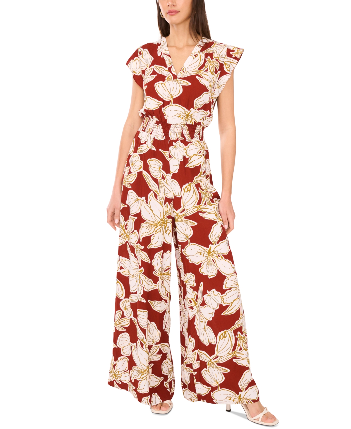 Women's Printed Smocked-Waist Wide-Leg Jumpsuit - Chili