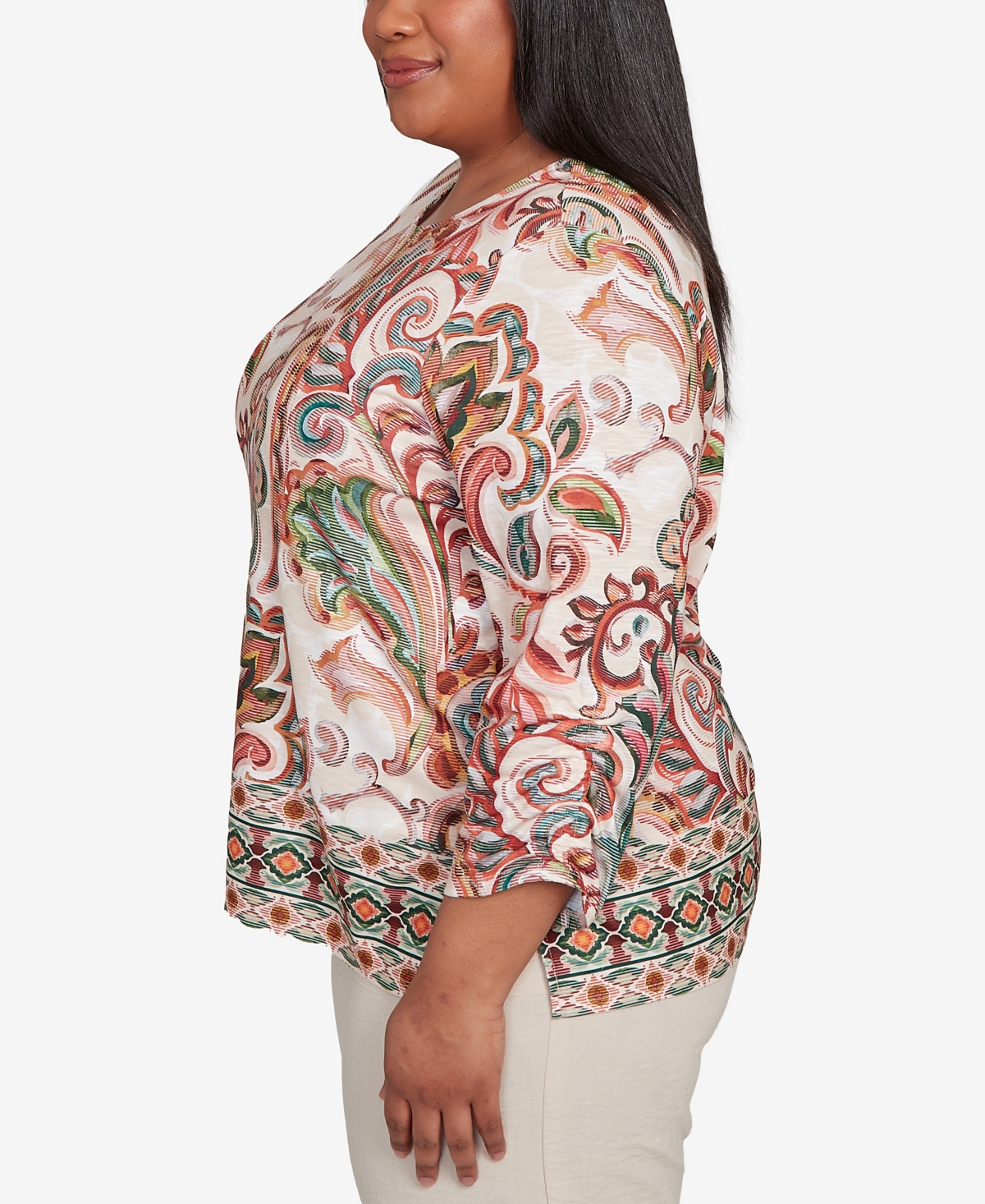 Alfred Dunner Petite Copper Canyon Textured Scroll Border Ruched Sleeves Crew Neck Top