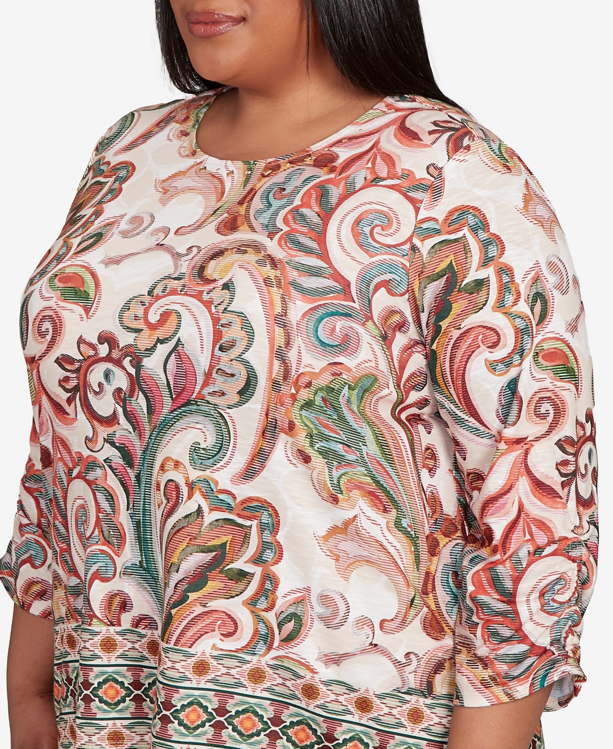 Alfred Dunner Petite Copper Canyon Textured Scroll Border Ruched Sleeves Crew Neck Top