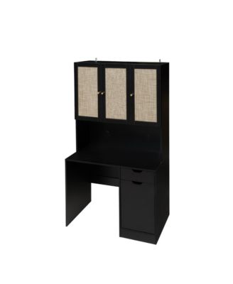 Streamdale Black Kitchen Pantry Cabinet w/ Rattan Doors & Microwave Stand