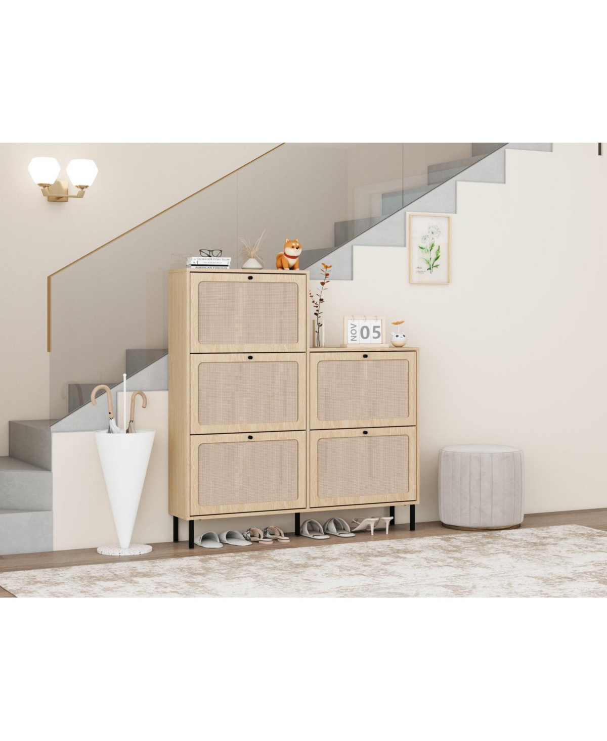 Rattan 5 Door Shoe Rack, Freestanding Modern Shoe Storage Cabinet, for Entryway