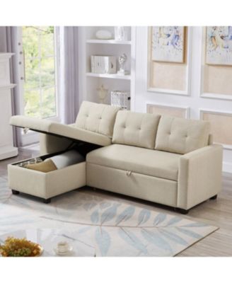 Streamdale Beige Upholstered Pull-Out Sofa with Storage Chaise