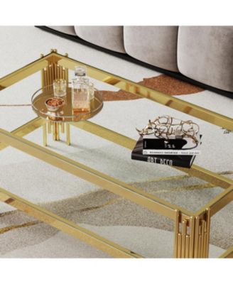  Top and Bottom Double Layer Tempered Glass Coffee Table and Mirror Finished Stainless Steel Frame