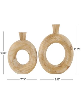 9" Wood Circular Decorative Vase with Cutout Center, Set of 2