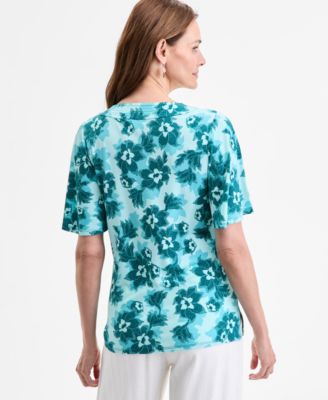 Women's Printed V-Neck Short Sleeve Knit Top, Exclusively at Macy's 