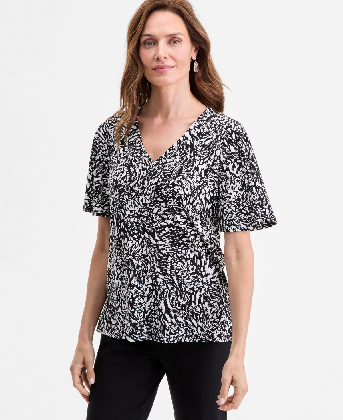 Jm Collection Women's Printed V-Neck Short Sleeve Knit Top, Exclusively at Macy's