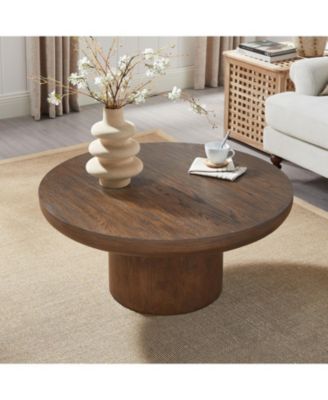 36" Round Wood Coffee Table with Cylindrical Leg (Brown)