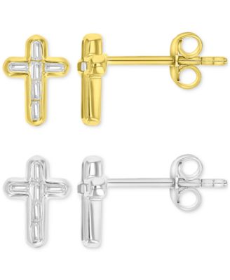 Macy's - 2-Pc. Set Cubic Zirconia Cross Stud Earrings in Sterling Silver & 14k Gold-Plate