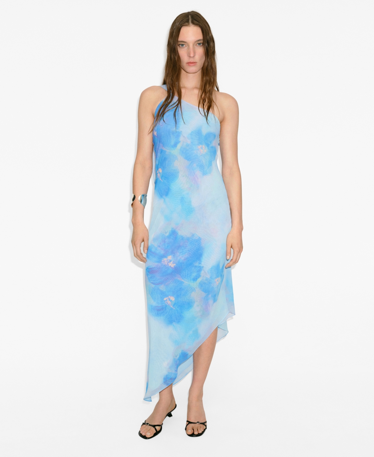 Mango Asymmetrical Floral Scarf Dress Blue