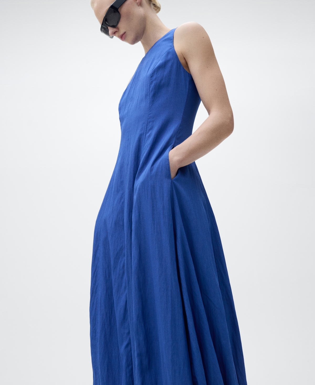 Mango Sleeveless Bubble Hem Midi Dress In Blue