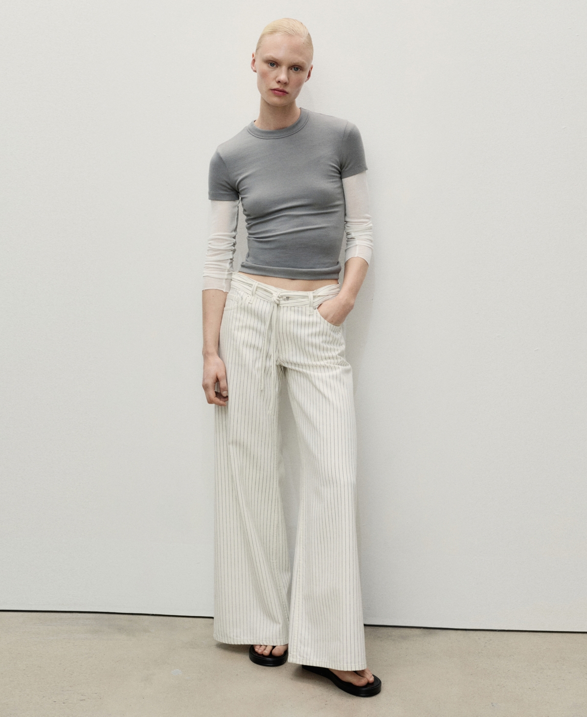 Shop Mango Women's Stripes And Belt Wide Leg Jeans