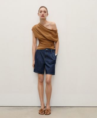 Women's Rinse-Wash Denim Pleated Bermuda Shorts