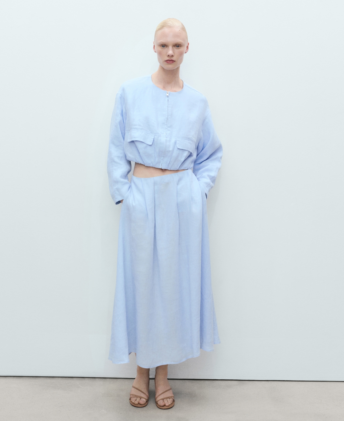 Mango Cropped Linen Jacket With Pockets Sky Blue