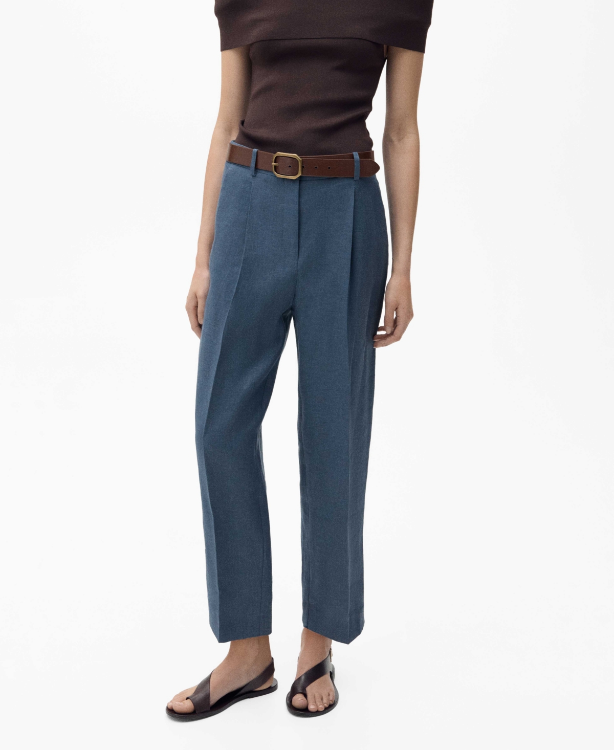 Mango Straight Linen Trousers With Dart Detail Blue In Blue