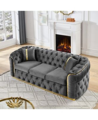 90" Velvet Button Tufted Chesterfield Sofa - Gray