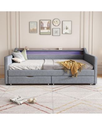 Twin Daybed with Storage, Shelves & USB Ports, Linen Upholstered Sofa with LED Light