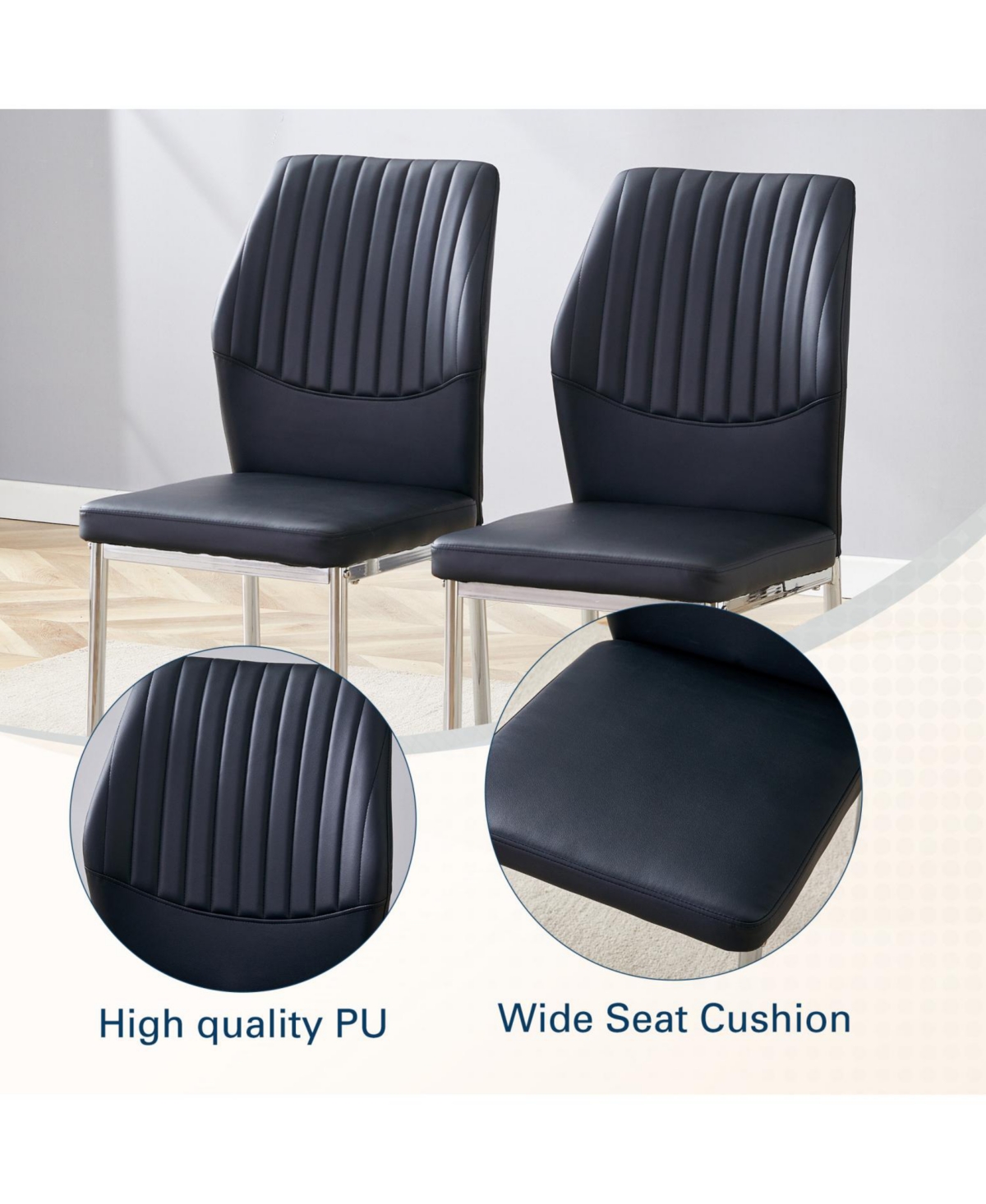 Streamdale Black Pu Dining Chairs - Set of 6, Silver Legs, Stripe Back