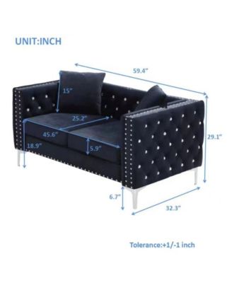 Streamdale 59.4 Inch Wide Velvet Sofa With Jeweled Buttons, Square Arm, 2 Pillows