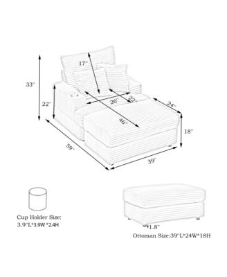 Corduroy Armchair & Ottoman Set with Cup Holder