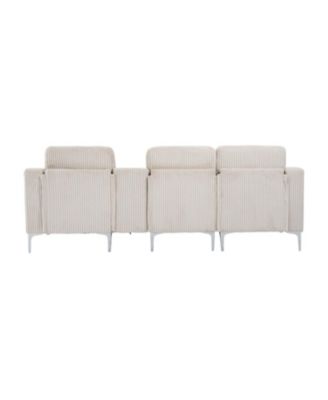 Convertible Sectional Corduroy Sofa with Cupholders, USB,Three-seater,Beige