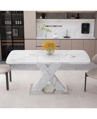 Modern Square Dining Table, Stretchable, with Printed White Marble Table Top+MDF X-Shape Table Leg with Metal Base